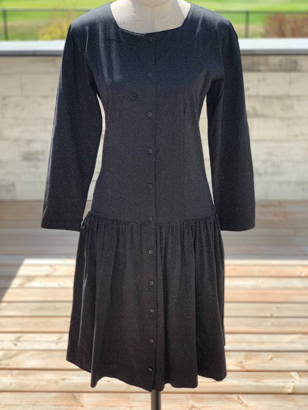 Vintage Polka Dot Midi Peasant Dress Black Buttons Drop Waist Long Sleeve Modest